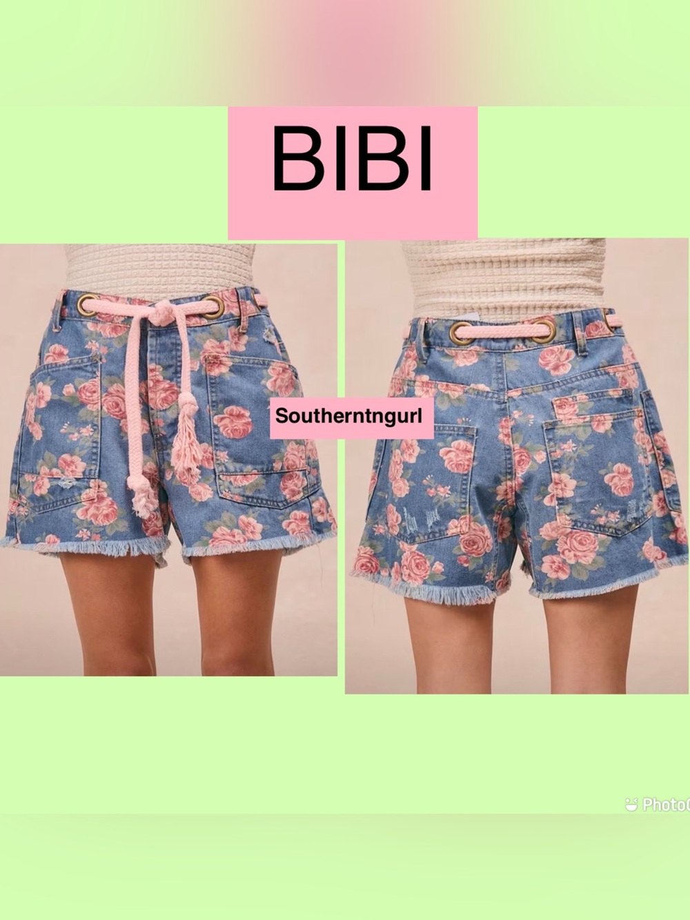 NWOT BiBi Floral High Rise Denim Jean Shorts with Pink Rope Belt